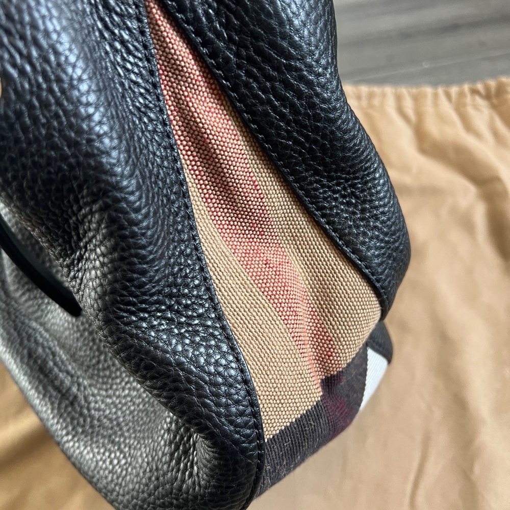 BURBERRY Maidstone Black Leather House Check Canvas Small Tote Bag - Picture 6 of 14